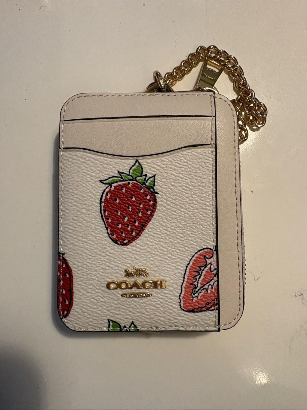COACH White Strawberry Print Card Holder with Gold Chain